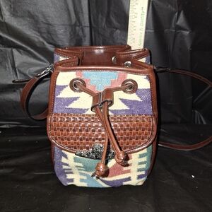 Boho Woven Accent Drawstring Bucket Bag - Brown Multi